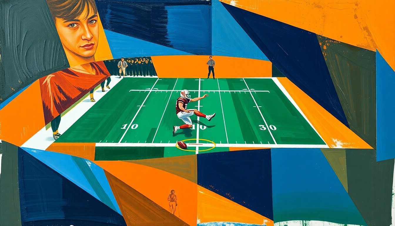 A cubist, geometric painting depicting the fragmented action of a college football punt play, with sharp, overlapping planes of color representing the complex dynamics of the new rule change.
