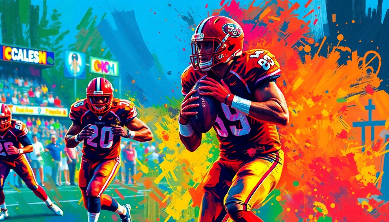 An abstract, expressionist painting in neon colors, with blurred, energetic brushstrokes capturing the intensity and emotion of a college football game.