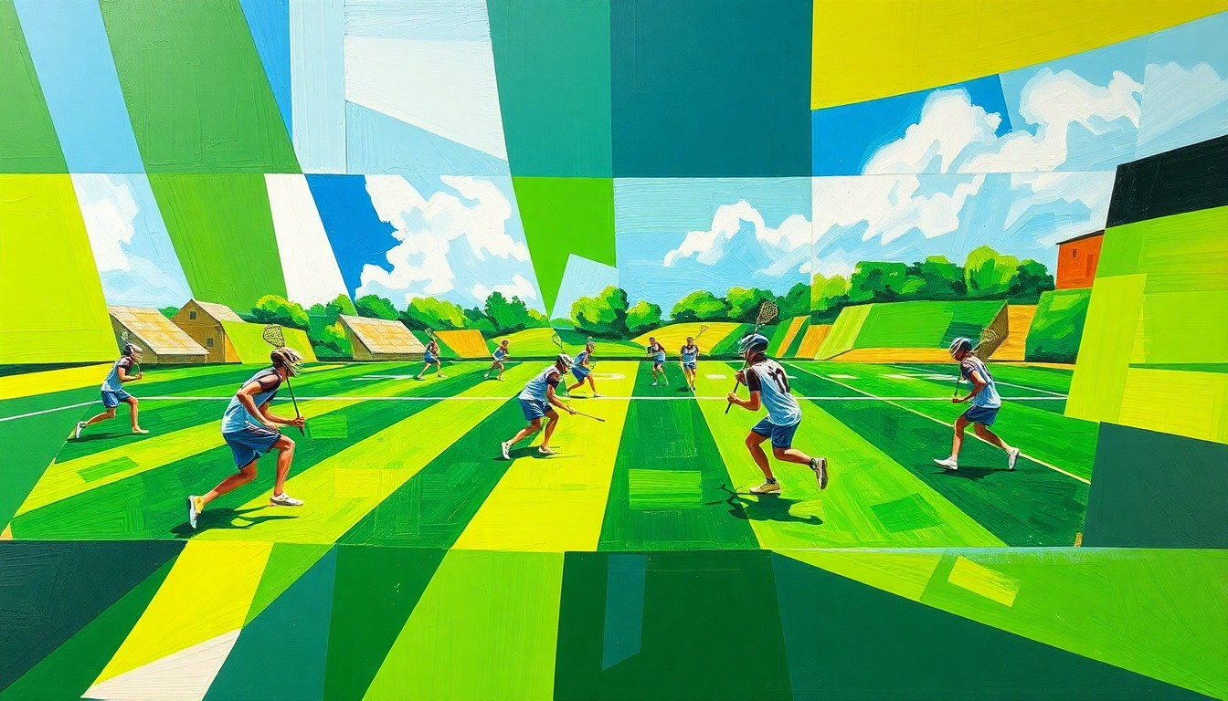 A cubist, geometric painting depicting fragmented, overlapping shapes and planes of bright green, blue, and white, representing the dynamic movements and competitive spirit of a high school lacrosse game.
