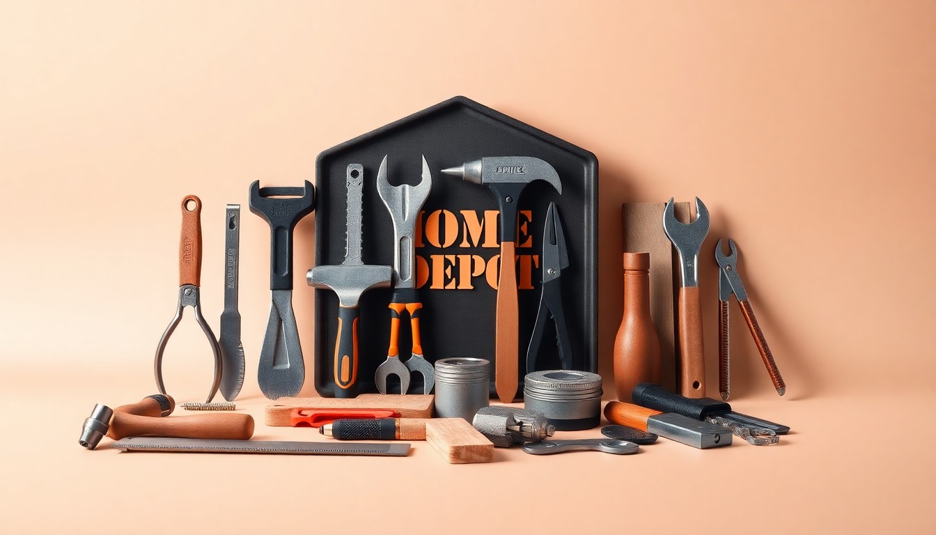 A high-end, photorealistic studio still-life photograph featuring a collection of polished hardware tools and materials arranged elegantly on a clean, monochromatic background, conceptually representing the core business and long-term growth prospects of Home Depot.