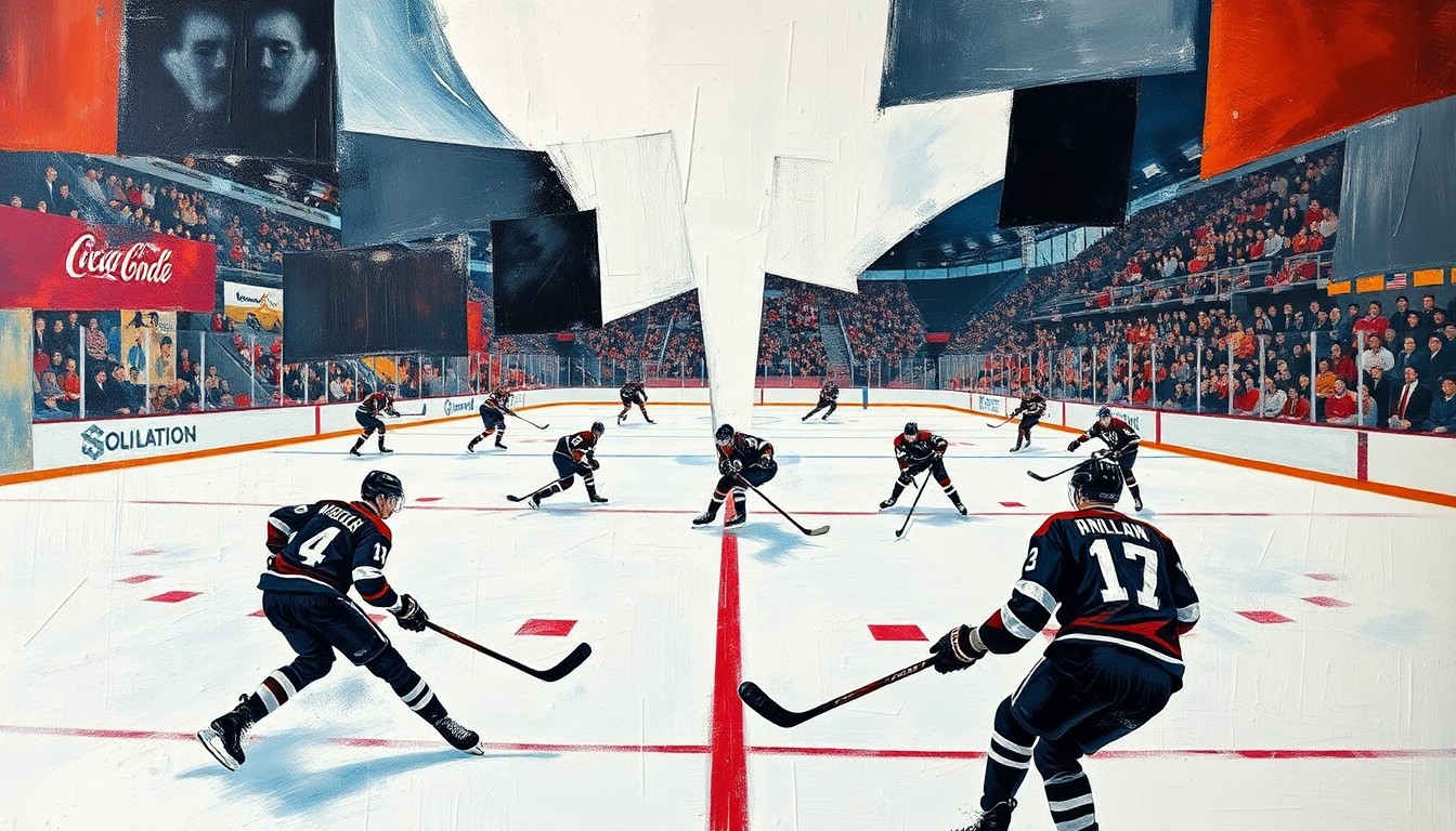 A cubist, geometric painting depicting the motion and energy of a college hockey game, with overlapping planes of ice, sticks, and players in dynamic poses.