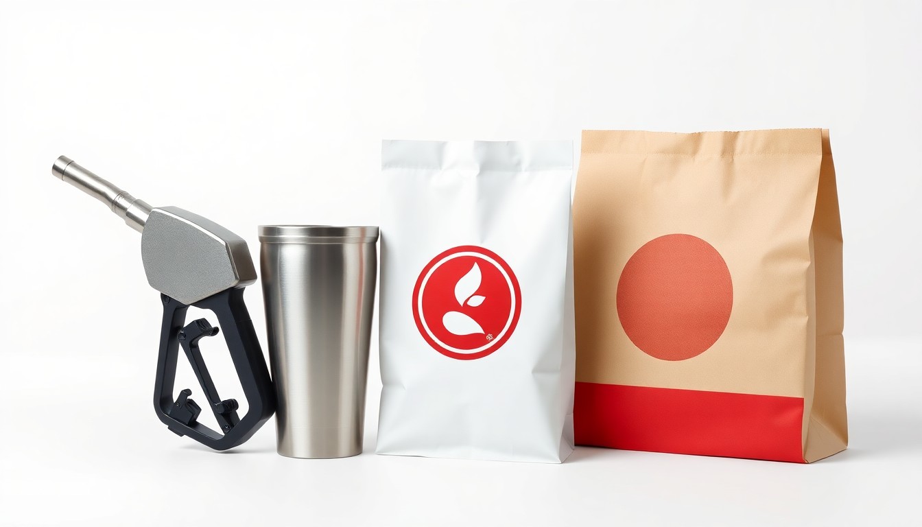 A minimalist, high-end studio photograph featuring a gas pump nozzle, coffee tumbler, and paper bag arranged elegantly on a clean white background, symbolizing the convenience and branding of a modern gas station and fast-food experience.