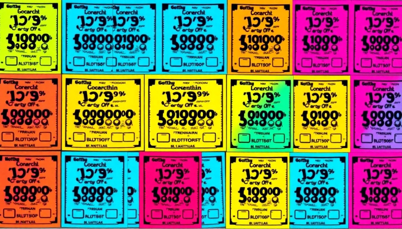 A brightly colored, high-contrast silkscreen print of a single, iconic lottery scratch-off ticket repeated in a tight grid pattern, capturing the excitement and possibility of unexpected windfalls from everyday lottery products.