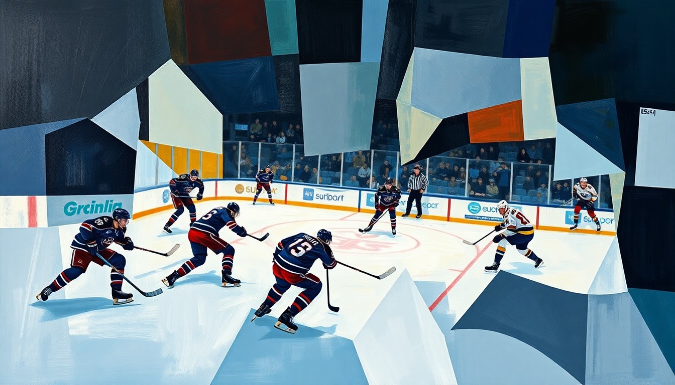 A cubist, geometric painting depicting the dynamic action of a hockey game between the Columbus Blue Jackets and Buffalo Sabres, with the players' movements and the intensity of the game captured through an abstract, fractured composition.