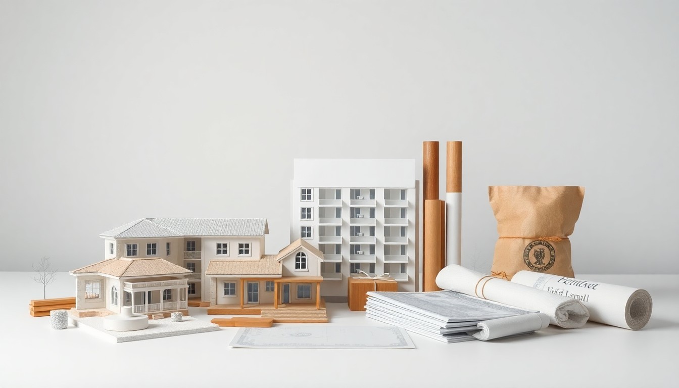 A high-end, photorealistic studio still-life photograph featuring a clean, monochromatic background with a carefully arranged composition of premium, polished objects representing the key elements of affordable senior housing development, such as architectural models, building materials, and financial documents.