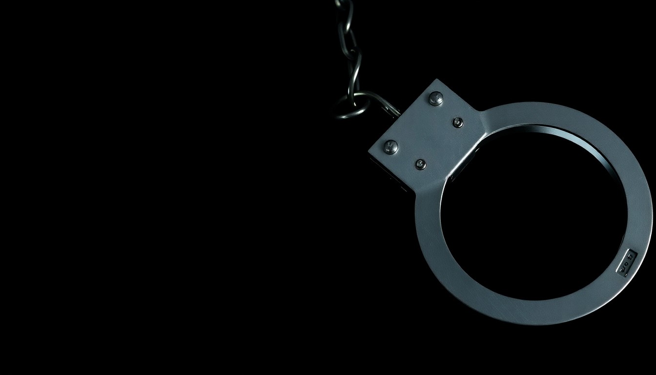An extreme close-up photograph of a set of handcuffs against a pitch-black background, lit by a harsh, direct camera flash, creating a stark, investigative aesthetic.