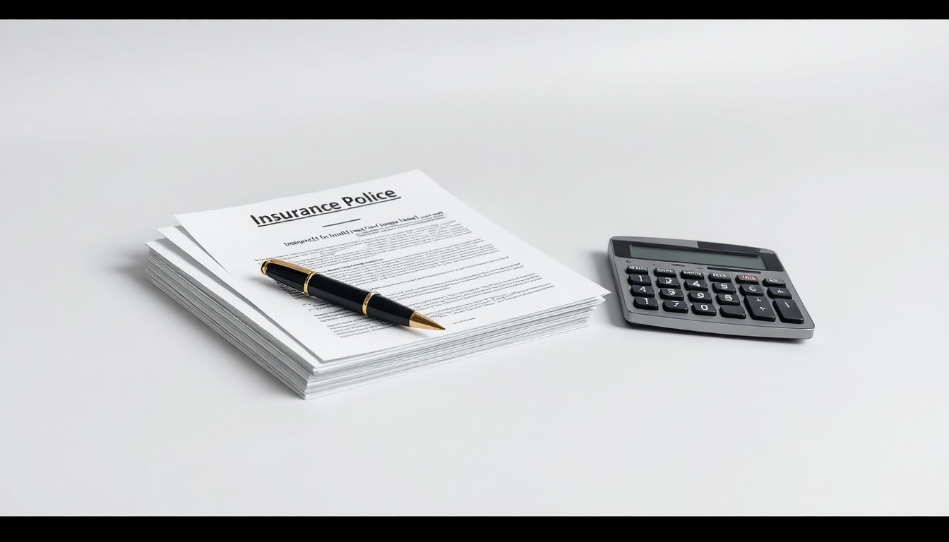 A photorealistic studio still-life photograph featuring a stack of insurance policy documents, a pen, and a calculator arranged elegantly on a clean, monochromatic background, symbolizing the strategic leadership and innovation Cailyn Healy brings to the insurance industry.