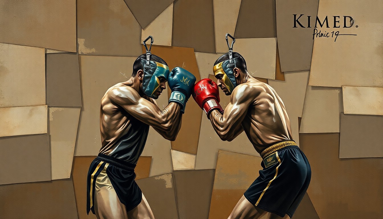 A cubist-style painting depicting a boxer's training session or match broken down into sharp, overlapping geometric shapes in muted earth tones and metallic accents, conveying the fragmented and uncertain nature of the boxer's career due to a dispute with his promoter.