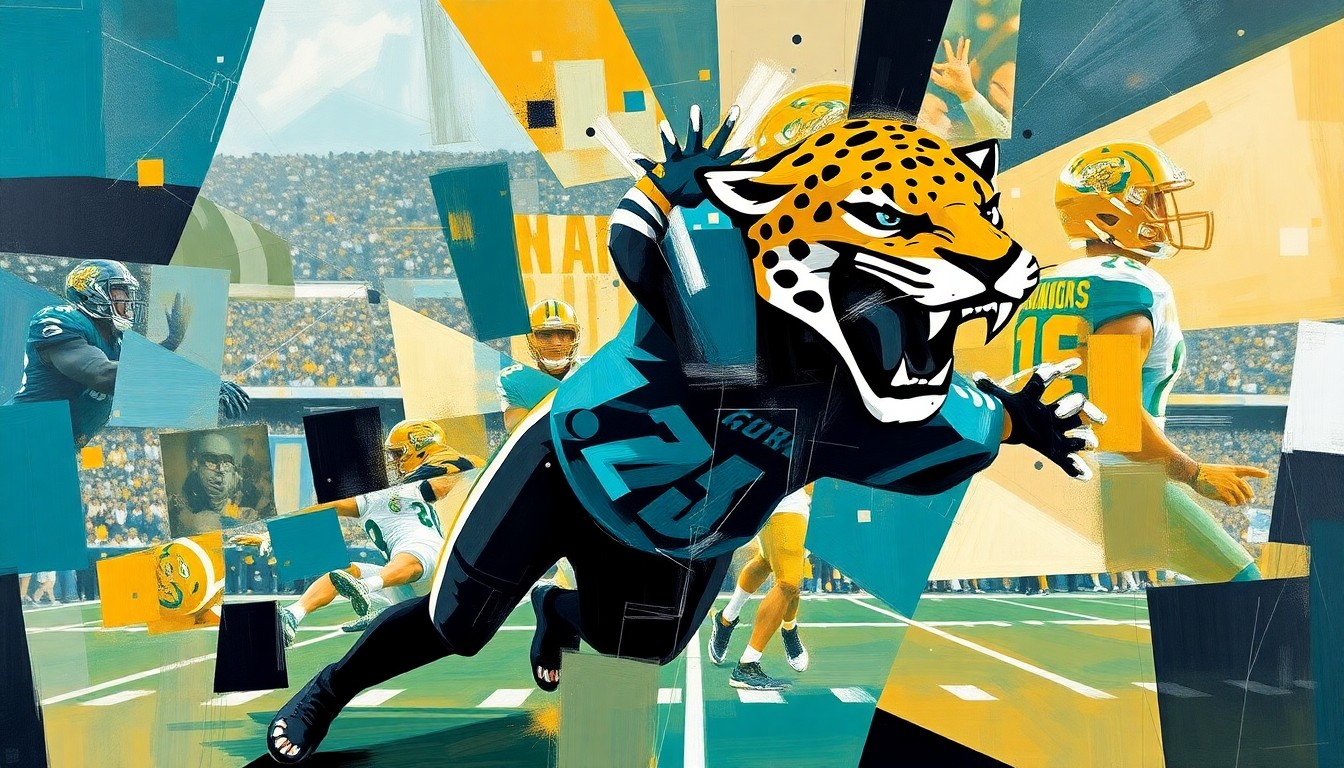 A cubist, geometric painting featuring overlapping shapes and planes in teal, gold, and black, conceptually representing the complex roster decisions facing the Jacksonville Jaguars as they approach the NFL draft.