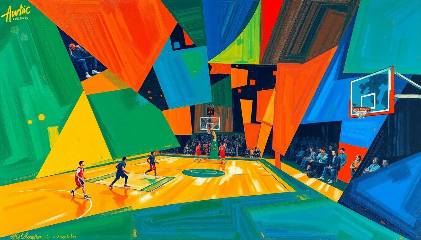 A cubist, geometric painting depicting a basketball game or match, with sharp, overlapping planes of color representing the dynamic action on the court.