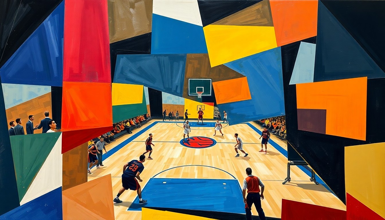 A cubist, geometric painting depicting a basketball game or match, with the players and court broken down into sharp, overlapping planes of color and abstract shapes, conveying the dynamic energy and strategic complexity of the sport.