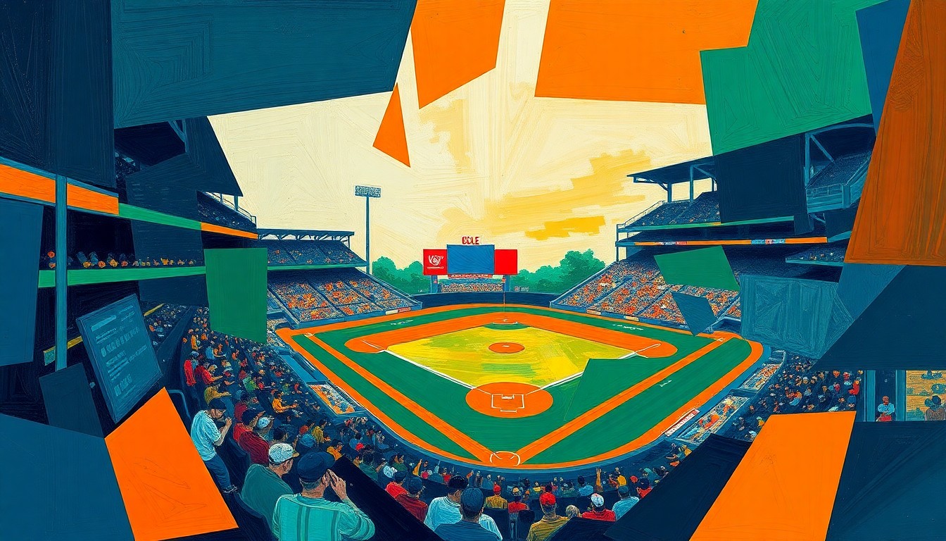 A cubist, geometric painting depicting the action of a college baseball game, with players and the field fractured into sharp, overlapping shapes in a palette of navy, green, and orange.