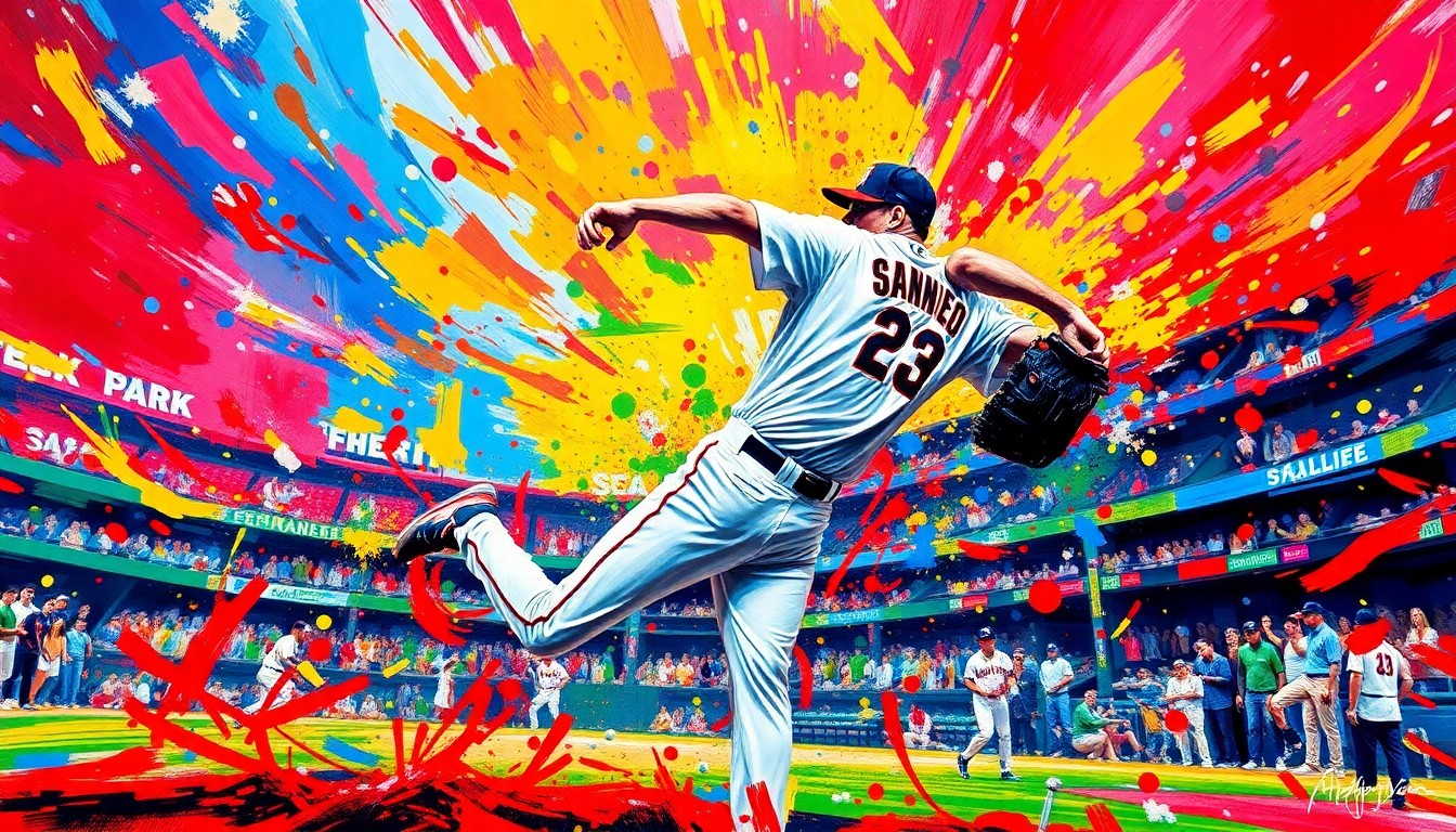 An abstract, expressionist painting in neon colors capturing the raw energy and emotion of a baseball pitcher's pitching motion, with the Fenway Park stadium fading into the background in a blur of vibrant brushstrokes.