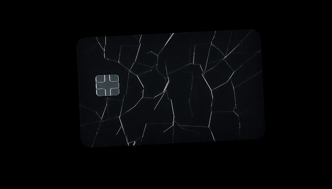 An extreme close-up of a cracked and scratched credit card reflecting a harsh, direct flash of light, conceptually representing the aftermath of a theft and credit card fraud.