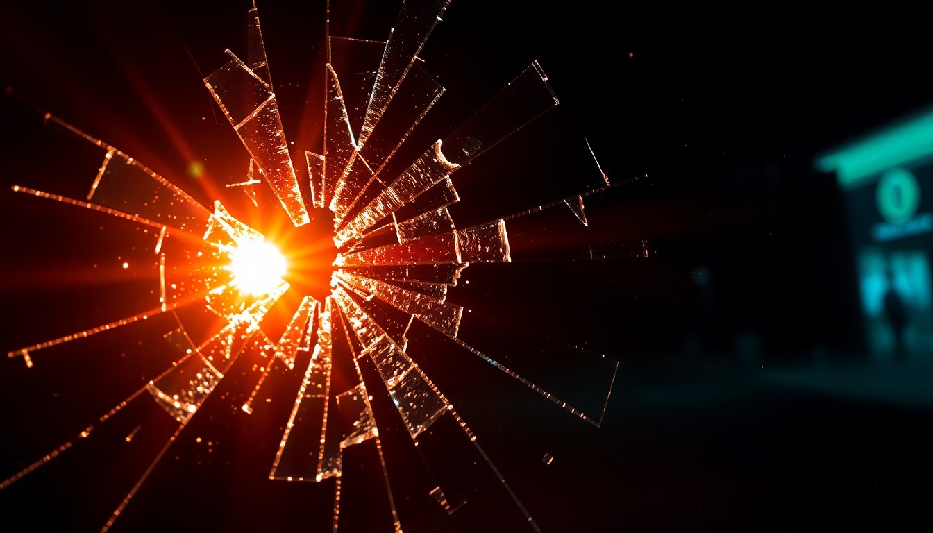 An extreme close-up photograph of shattered glass from a drive-thru window, the jagged edges reflecting a harsh camera flash in the dark, conceptually representing the sudden violence of this crime scene.