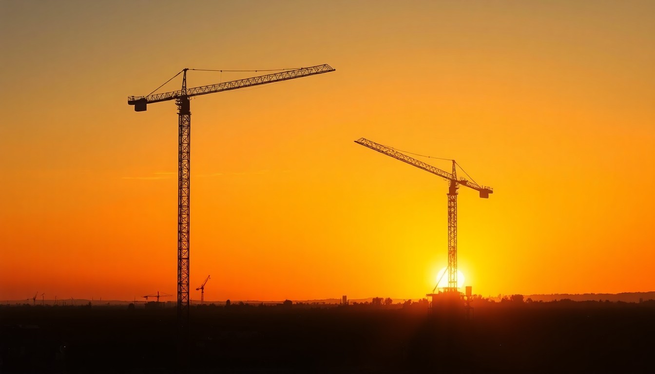 A serene, cinematic painting depicting a lone construction crane silhouetted against a warm, golden sunset sky, casting long shadows over a partially developed suburban landscape, conceptually representing the tensions between growth and environmental protection in the Darby Creek watershed.