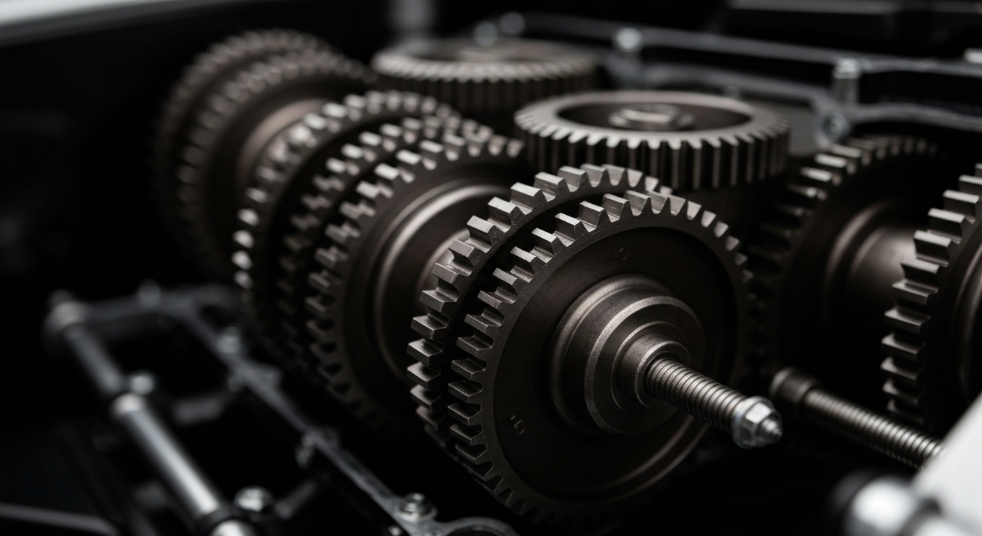 An extreme close-up of highly detailed, gleaming metal gears and machinery, representing the complex industrial processes behind Micron Technology's semiconductor manufacturing.