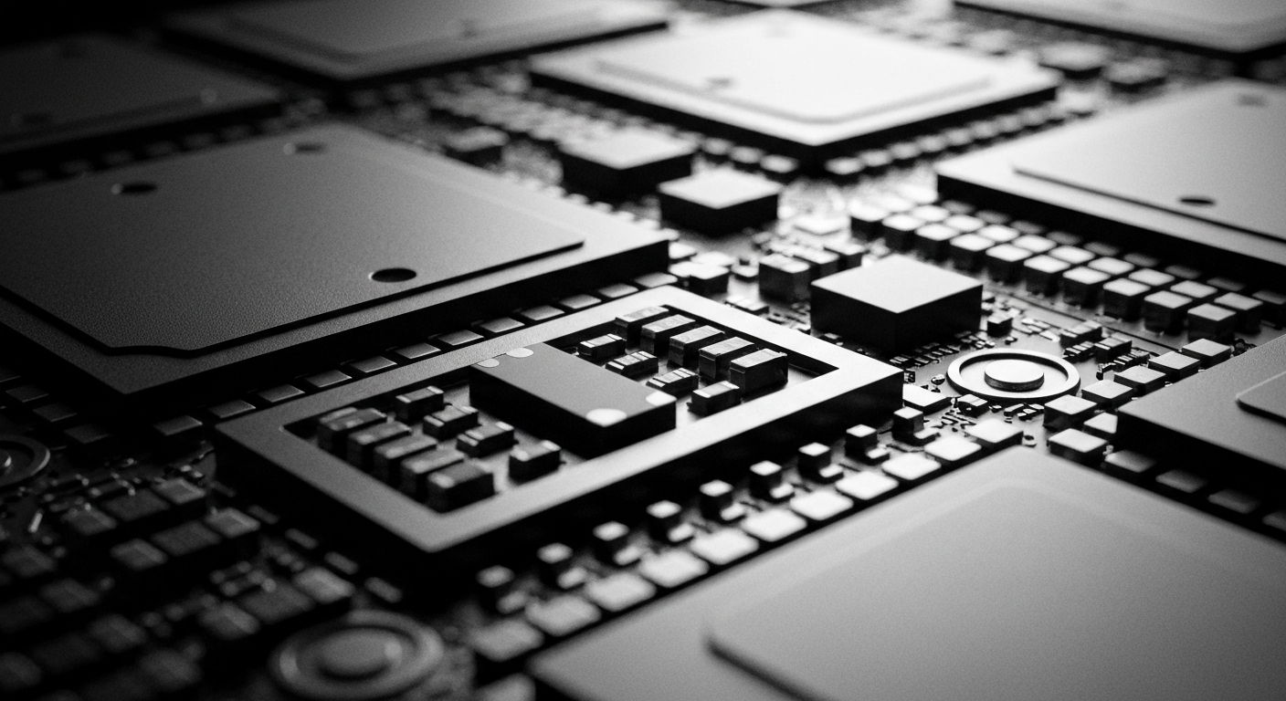 An extreme close-up of the intricate, metallic components and circuitry of a Qualcomm semiconductor chip, conveying the complex, industrial nature of the company's technology through a cinematic, high-contrast visual style.