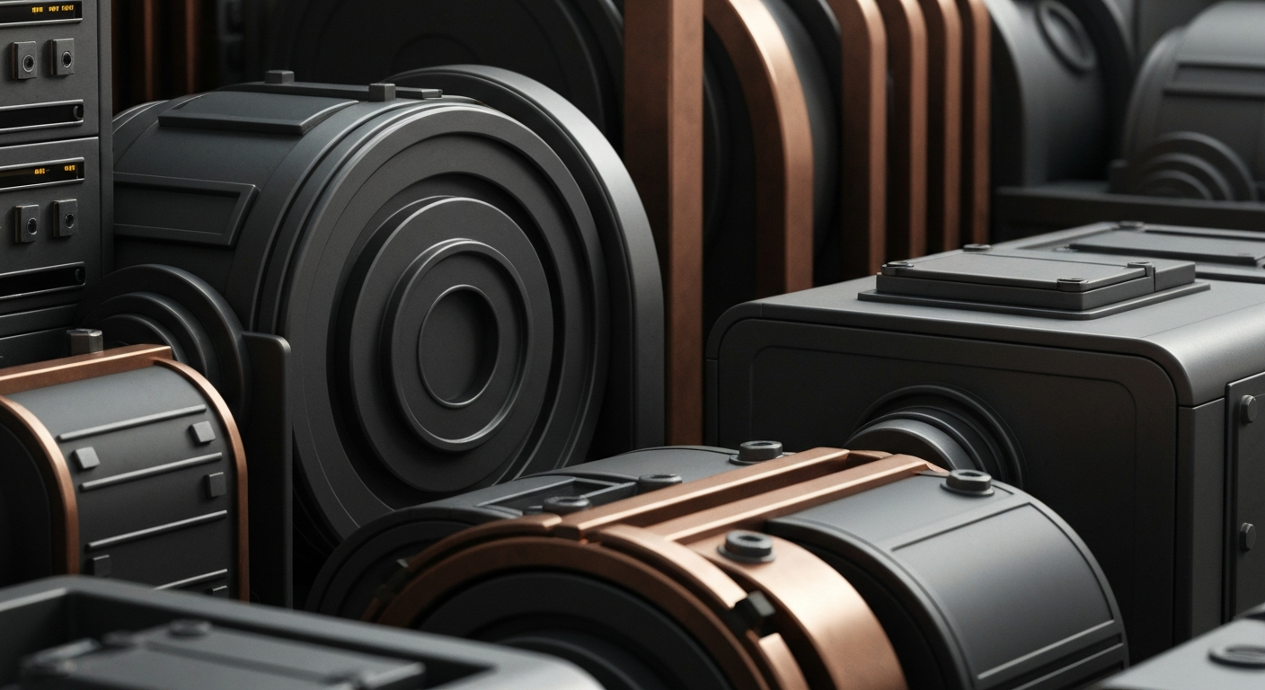 A highly detailed, cinematic close-up of complex, heavy industrial machinery in shades of steel grey, copper, and black, representing the secure, tangible infrastructure of the global financial system.