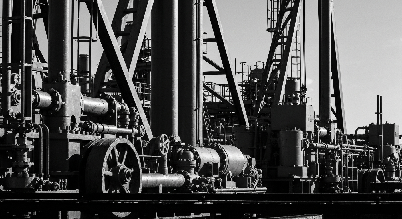 A high-contrast, close-up view of industrial machinery and equipment used in oil and gas production, conveying the physical power and technical complexity of the energy industry.