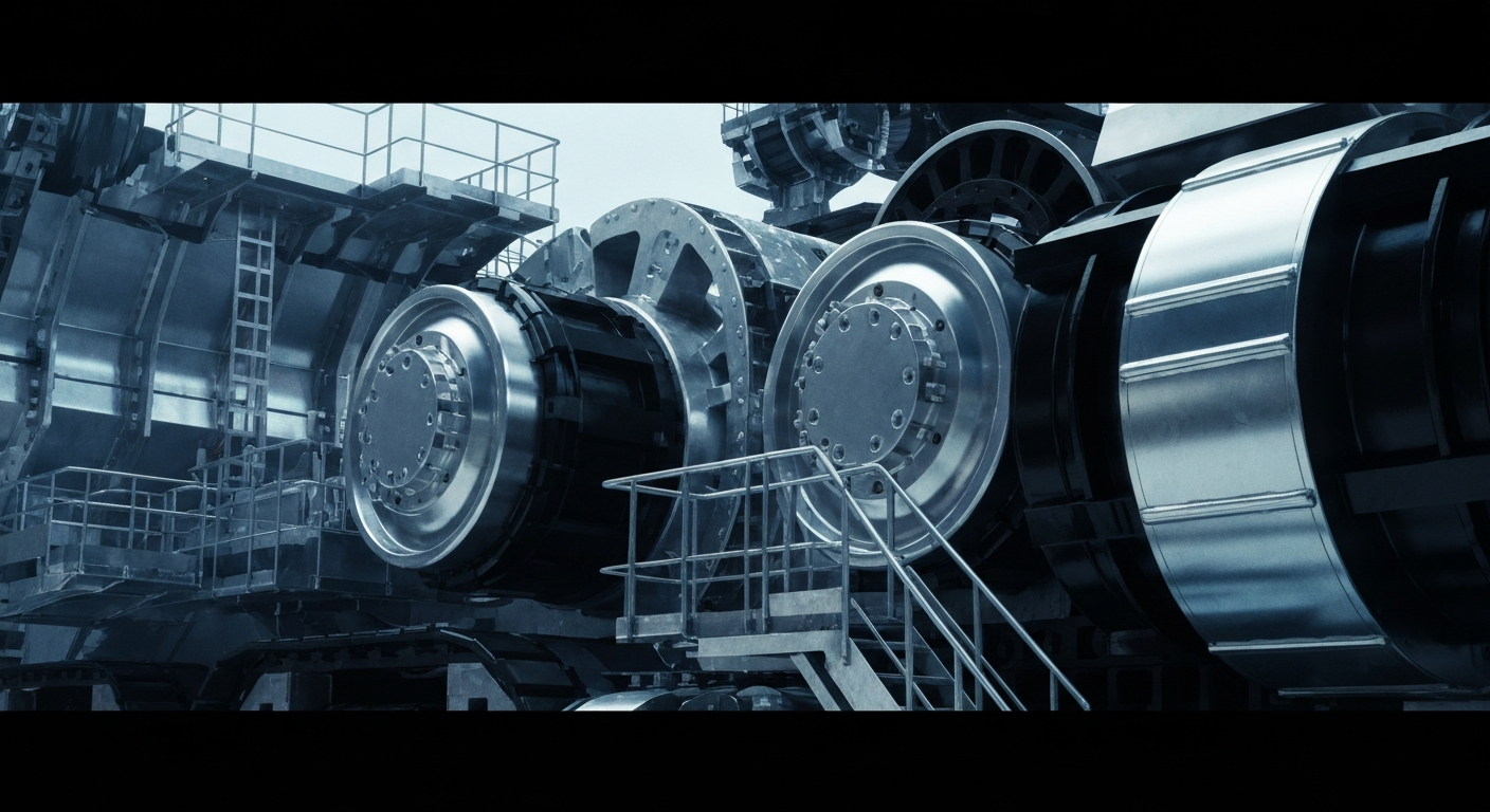 An extreme close-up of heavy, textured mining equipment and machinery in shades of silver, black, and steel blue, conveying the industrial scale and technological sophistication of Newmont's global gold production.