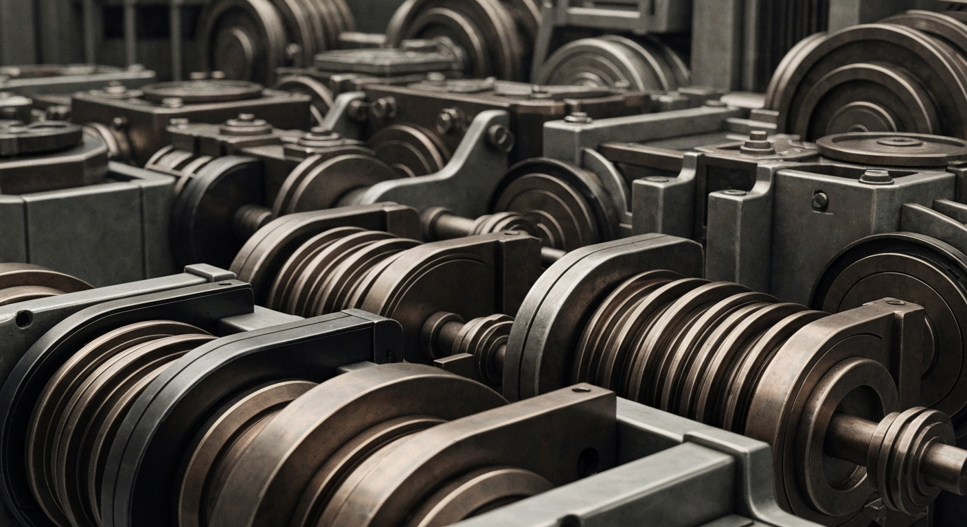 An extreme close-up of complex, interlocking industrial machinery and equipment in muted tones, conveying a sense of financial security and institutional power.