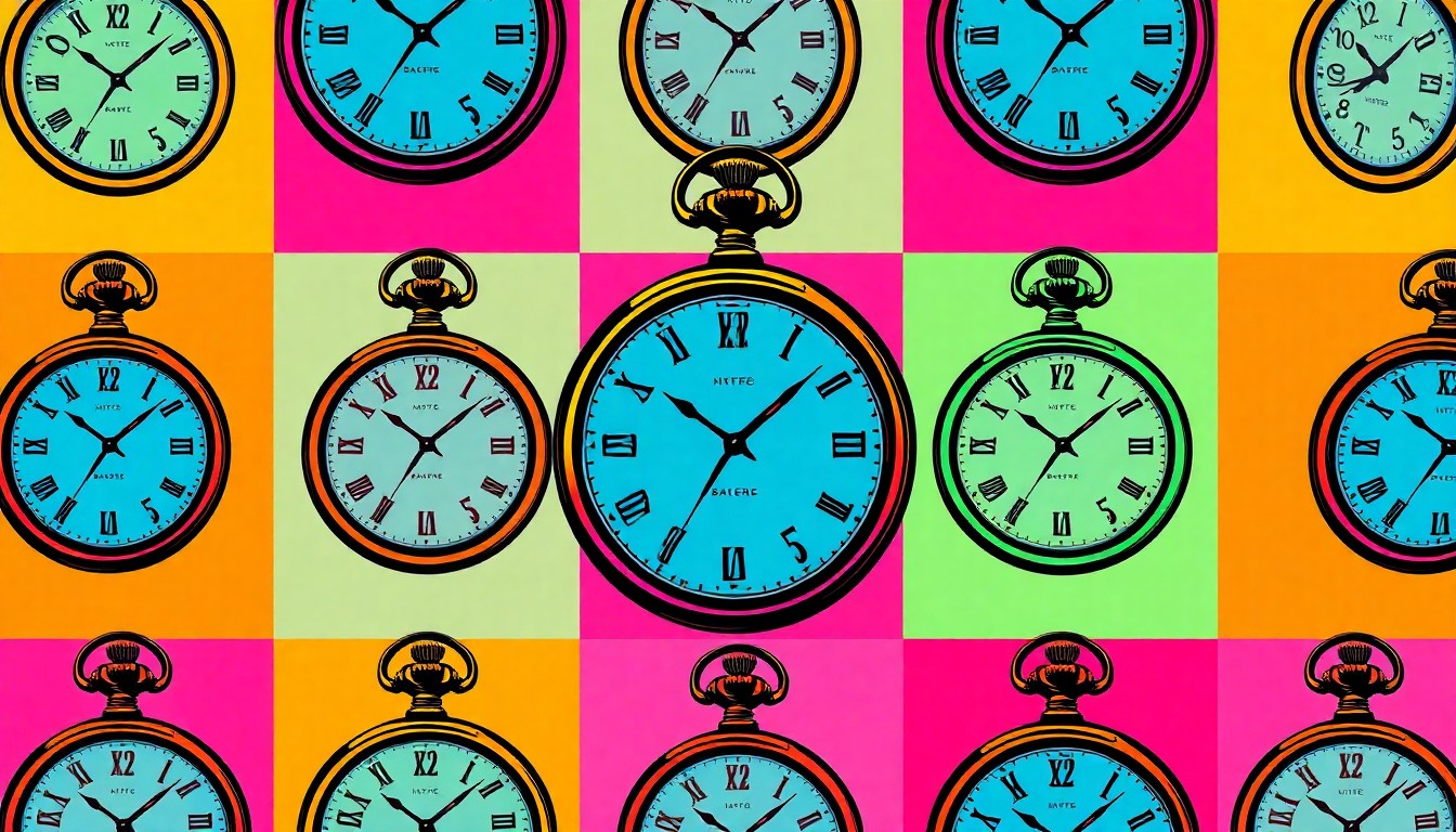 A bold, stylized silkscreen illustration of a vintage gold pocket watch repeated in a grid pattern, capturing the iconic nature of Titanic memorabilia as modern pop art.