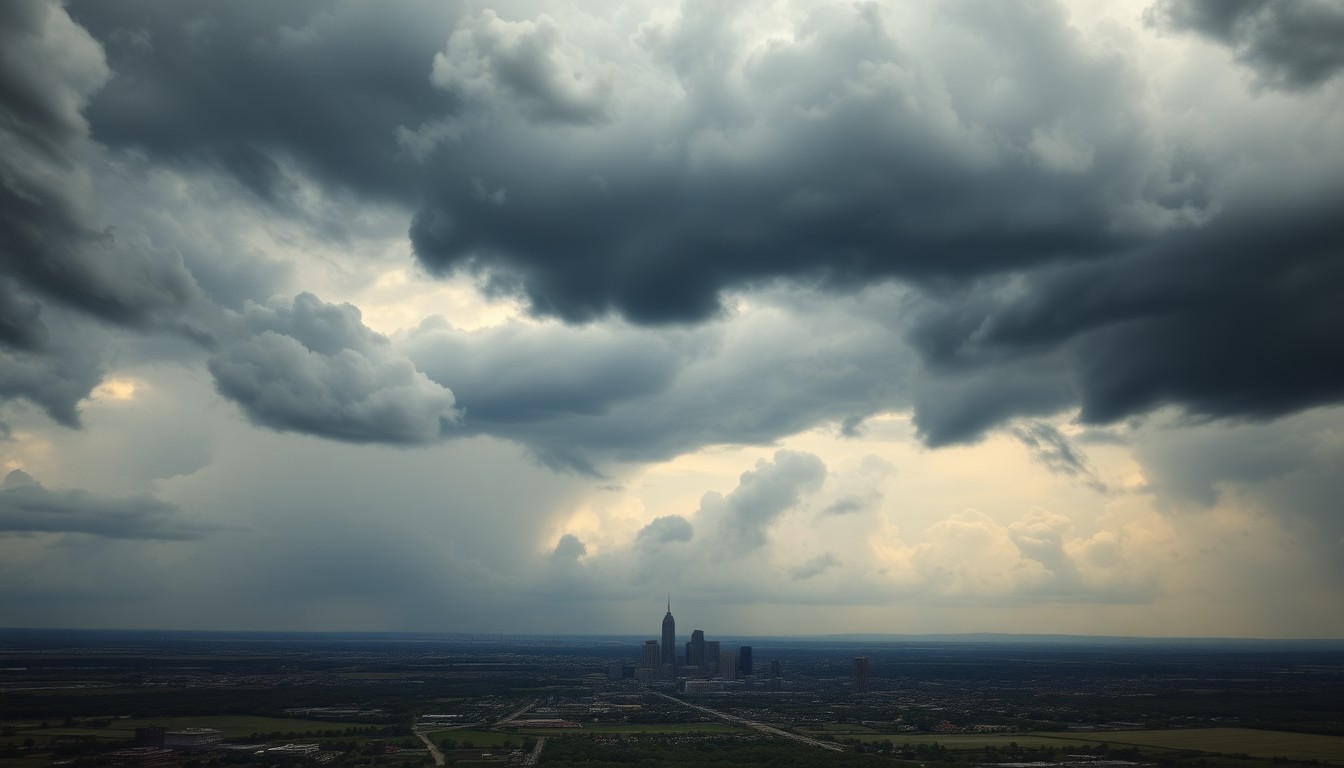 A sweeping, atmospheric landscape painting depicting a dramatic, stormy sky over the Omaha skyline. The cityscape is partially obscured by heavy, ominous clouds, conveying the overwhelming power of the approaching weather system.