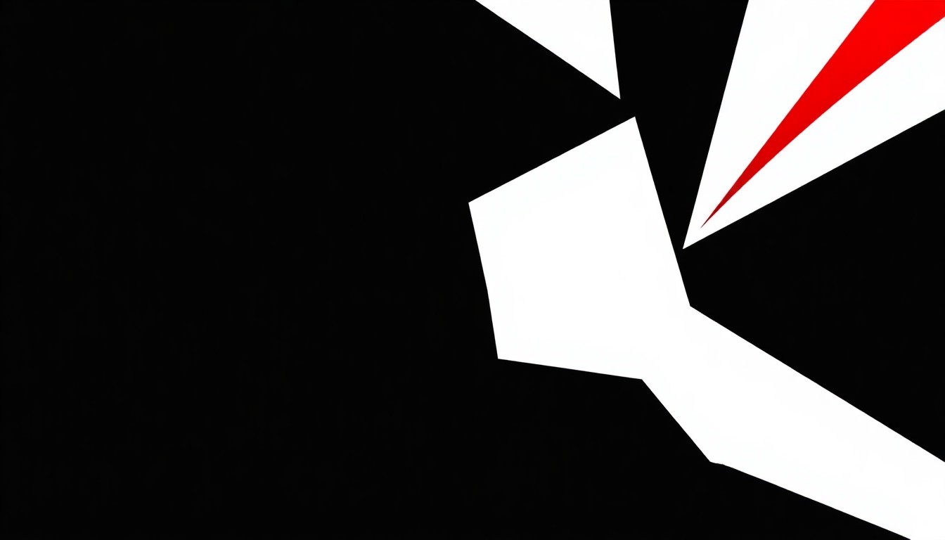 A striking abstract composition of angular black and white shapes with a bold red accent, conveying the idea of change and transition within a local radio station.