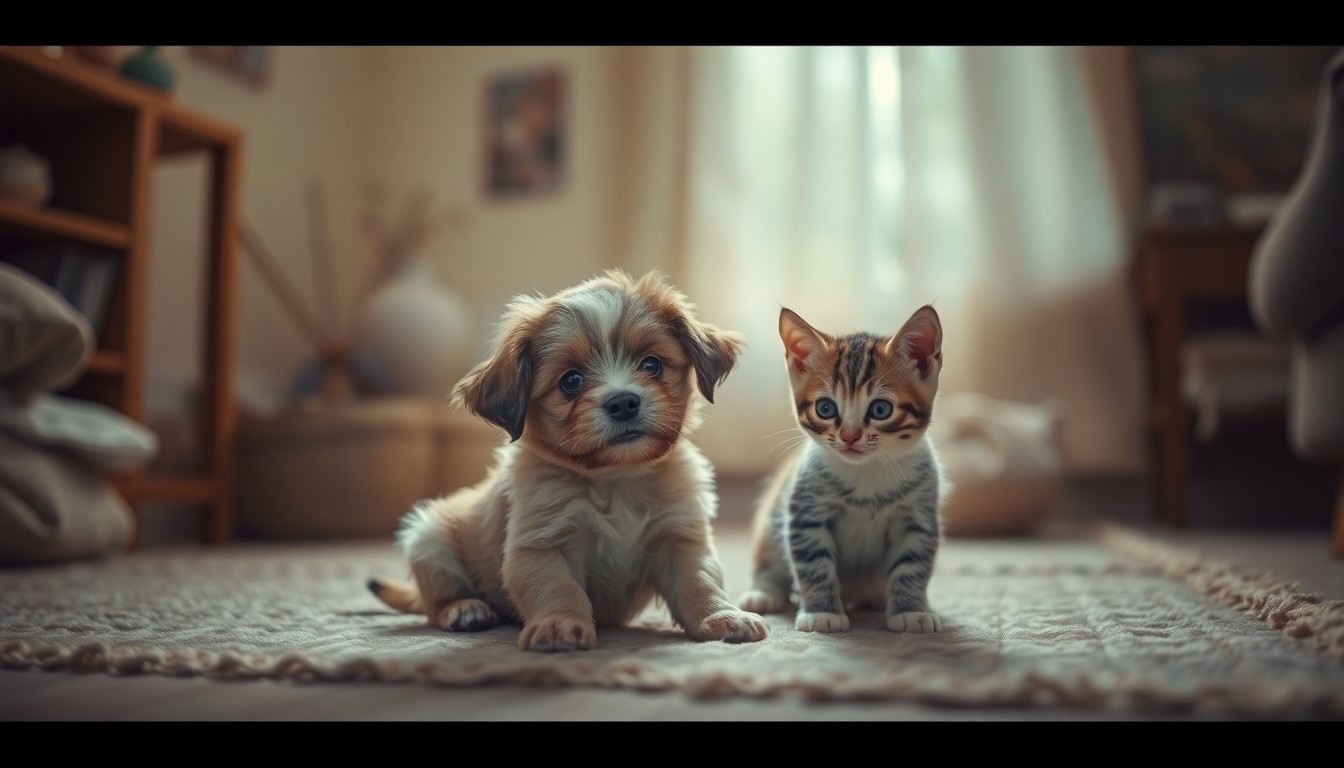 A soft, blurred photograph of a playful puppy and kitten cuddling together in a cozy domestic setting, with muted colors and hazy light creating an intimate, dreamlike atmosphere that captures the warmth and affection of the Lowndes County Animal Shelter's Pets of the Week.
