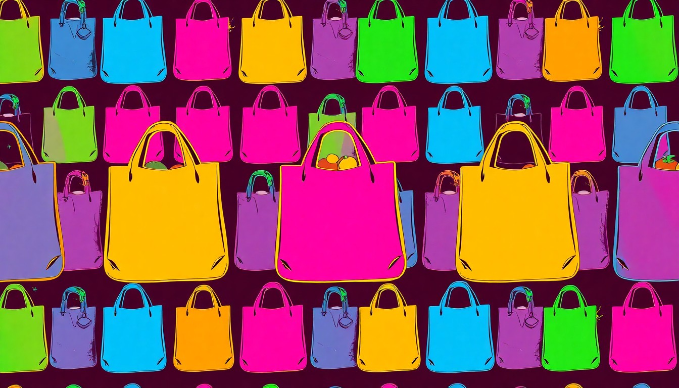 A brightly colored, high-contrast silkscreen print of various natural food items like fruits, vegetables, and health products, repeated in a tight grid pattern to capture the celebratory energy of a community-focused grocery store anniversary.