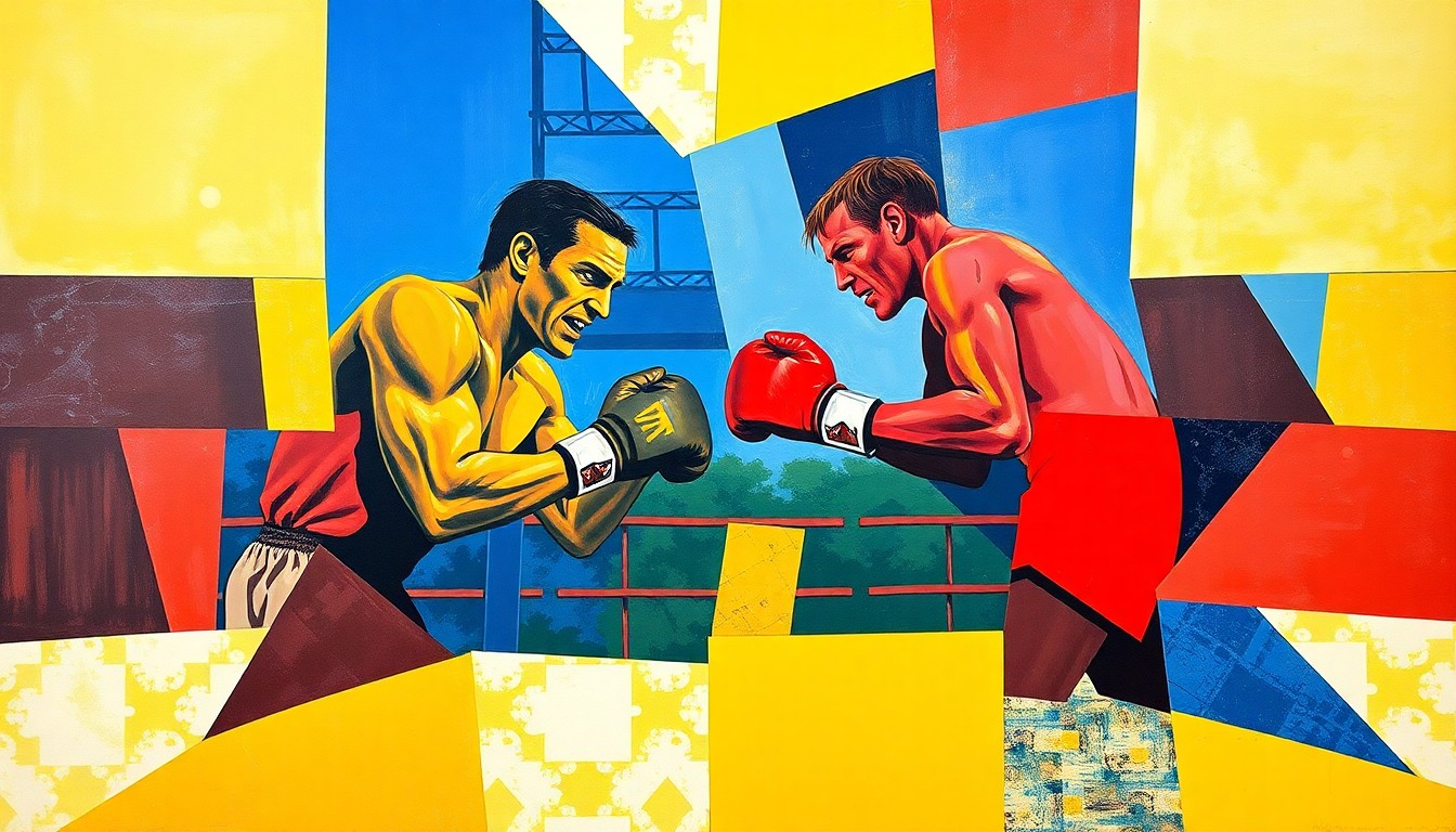 A fragmented, geometric painting in bold colors depicts the intense action and movement of an amateur boxing match, with figures and elements deconstructed into sharp, overlapping planes.