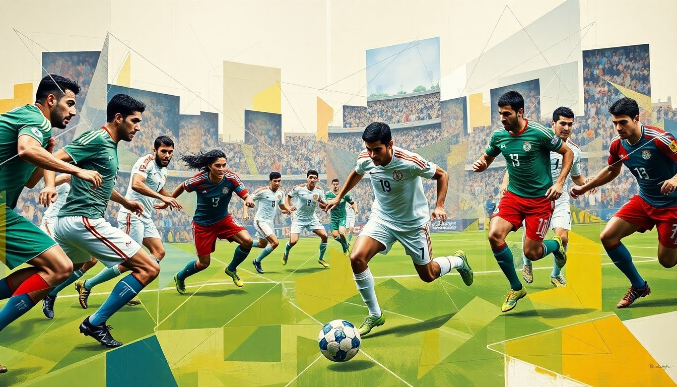 A cubist, geometric painting depicting a soccer match between two national teams, with the players' forms fractured and abstracted into sharp, overlapping planes of color and shape, conveying the dynamic tension and emotion of the game.