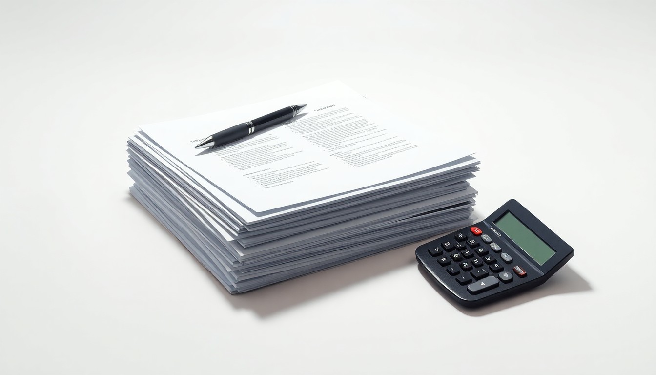 A minimalist studio still life photograph featuring a stack of business documents, a pen, and a calculator on a clean white background, symbolizing the financial impact and recovery process for companies affected by natural disasters.