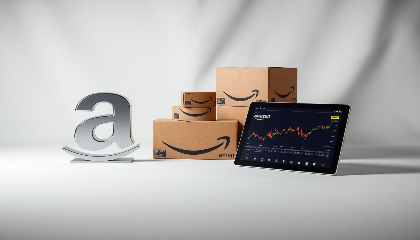 A photorealistic studio still life featuring a polished metal Amazon logo, shipping boxes, and a tablet displaying stock price data, all arranged elegantly on a clean white background and dramatically lit to convey the company's corporate power and market dominance.