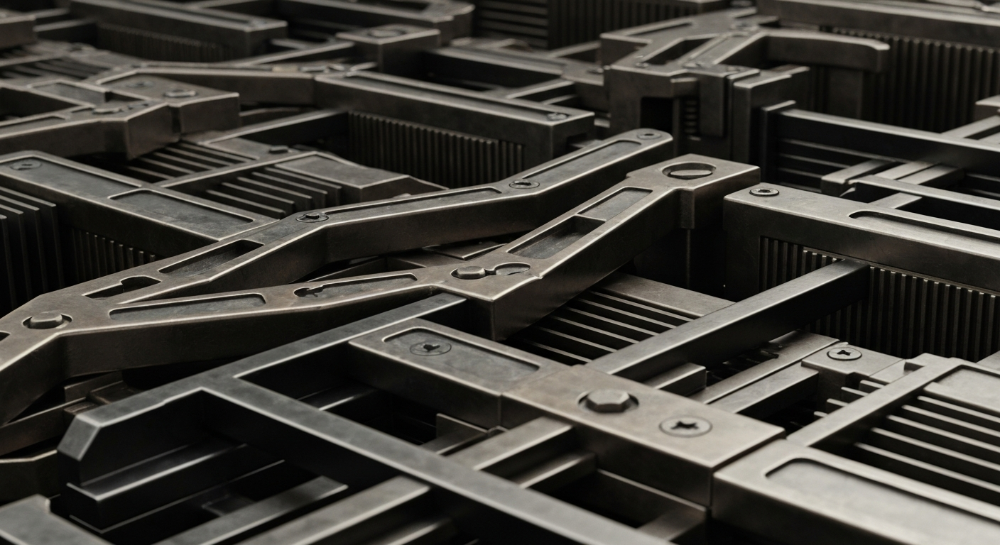 An extreme close-up of gears, levers, and other heavy industrial machinery in muted metallic tones, representing the complex financial mechanisms underlying a biotech company's fortunes.