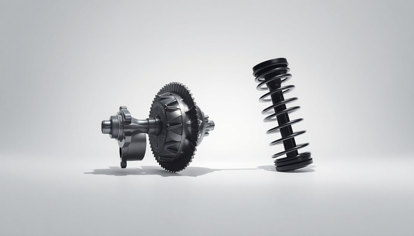 A close-up photograph of a highly polished metal automotive component, such as a transmission gear or suspension part, arranged elegantly on a clean, monochromatic background with dramatic studio lighting and deep shadows to conceptually illustrate the complex financial and technological factors impacting the car industry.