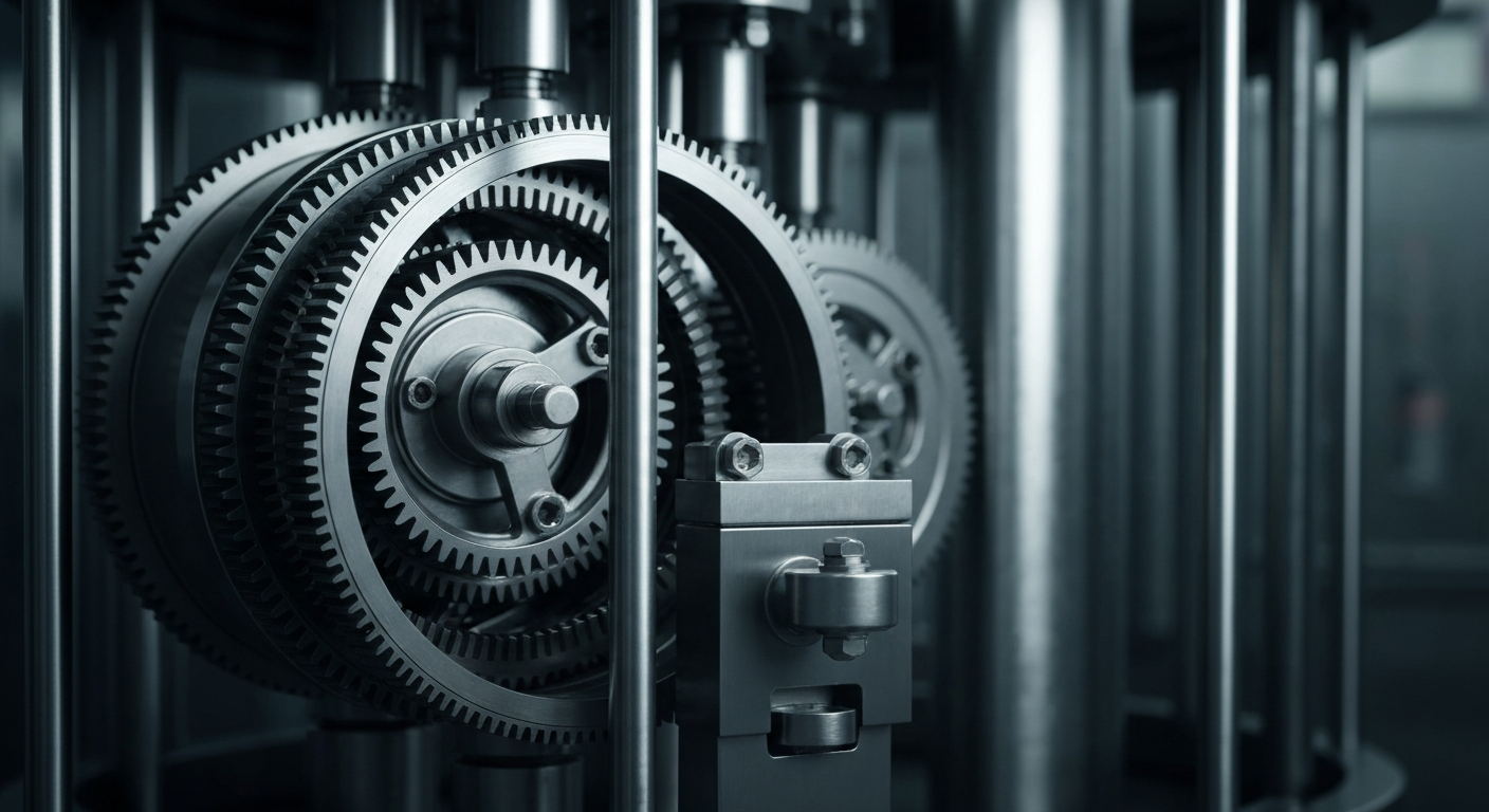 An extreme close-up of the metal gears, levers, and sensors of an industrial bottling machine, conveying the complex machinery and infrastructure behind a global consumer brand.