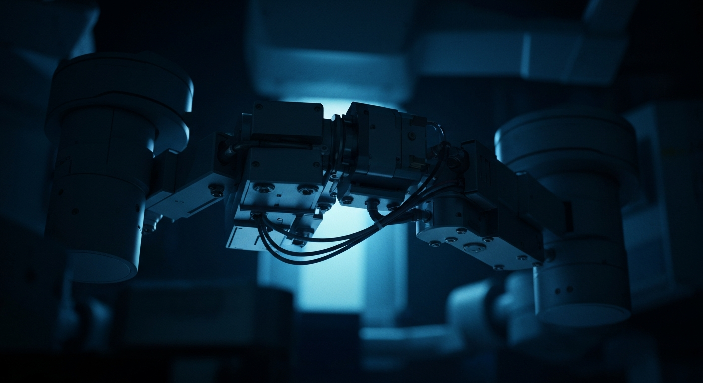 An extreme close-up of the complex array of sensors, motors, and mechanical parts that make up the core of an Intuitive Surgical da Vinci robotic surgical system, conveying the technical sophistication and industrial strength of the company's medical technology.