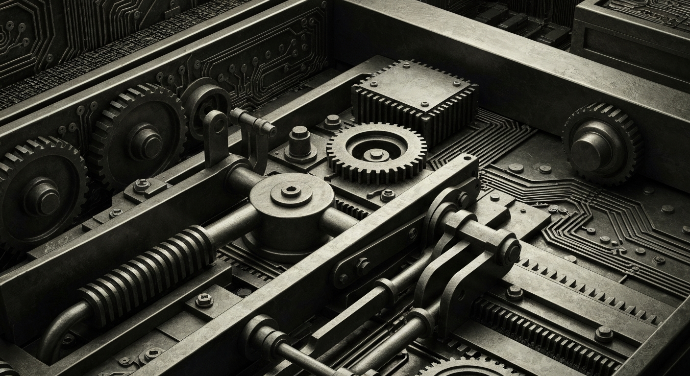 An extreme close-up of various industrial banking components and machinery, conveying the intricate financial infrastructure that supports the streaming industry.