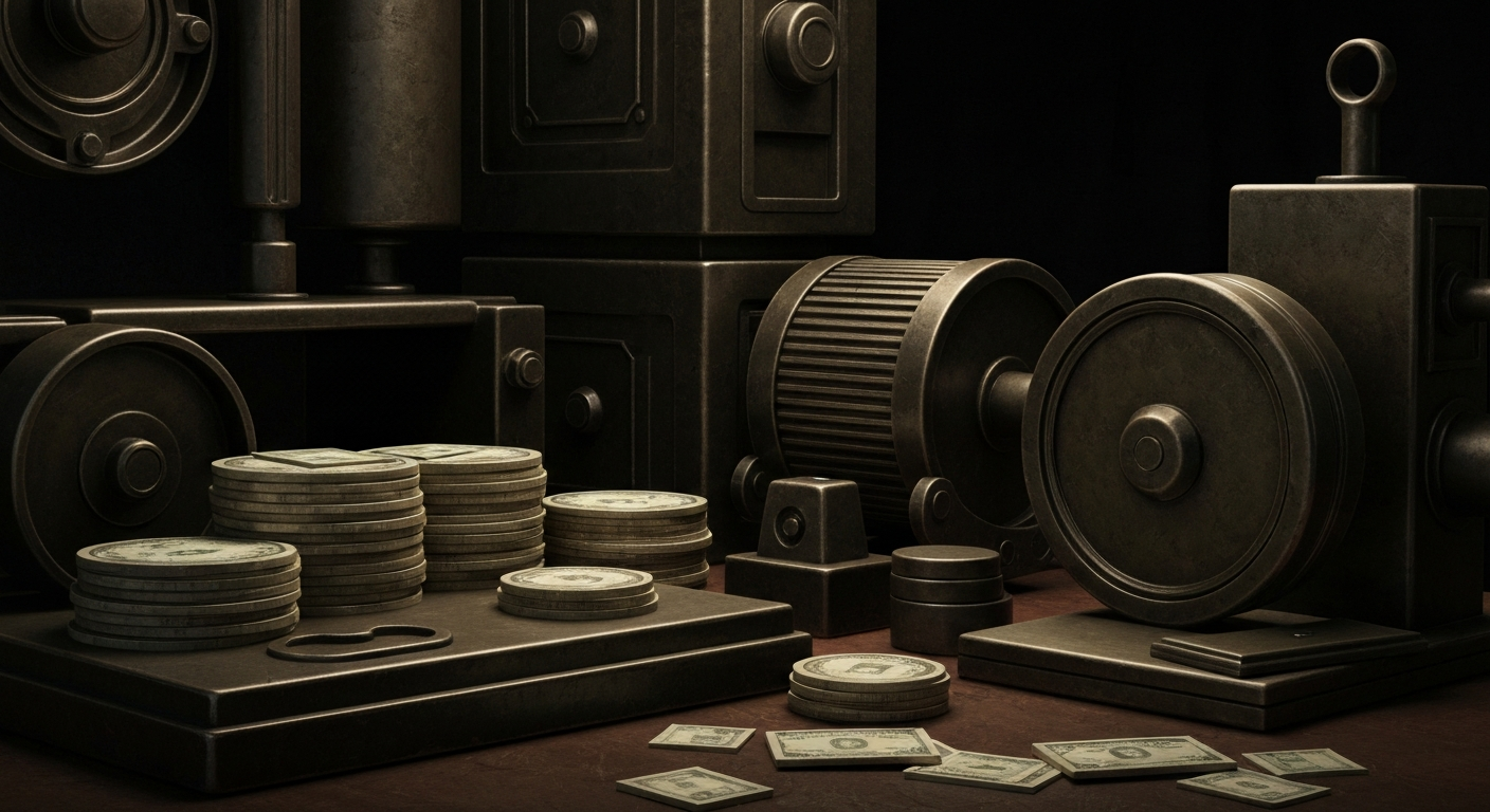 An extreme close-up of complex, industrial-looking banking equipment and mechanisms, conveying a sense of the secure, powerful financial systems that underpin Paychex's business.