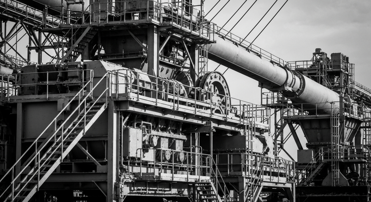 A high-contrast, cinematic close-up of heavy industrial mining equipment and machinery, conveying the physical scale and complexity of the processes involved in extracting and refining critical battery materials.