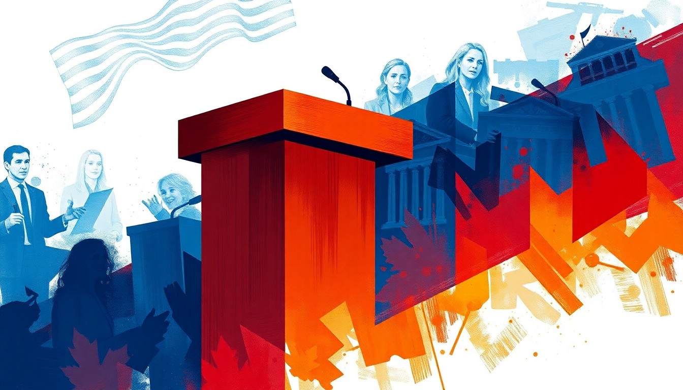 A dynamic, abstract painting featuring overlapping, fractured geometric shapes in deep blue, crimson red, and golden yellow, conceptually representing the energy and tension of a closely watched local election.