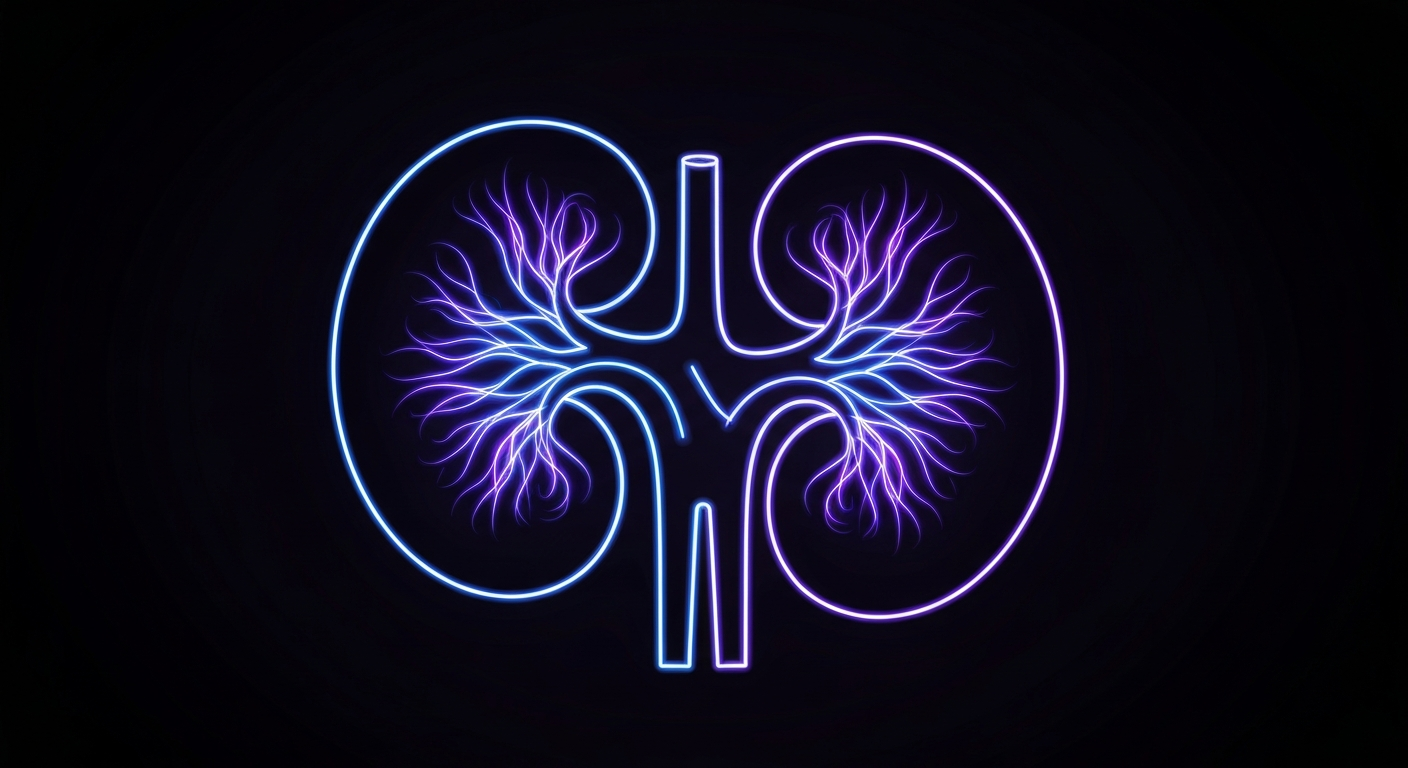 A minimalist neon outline of a human kidney, with glowing blue and violet lines pulsing through the organ against a dark background, conceptually representing Unicycive's work in developing new therapies for kidney disease.