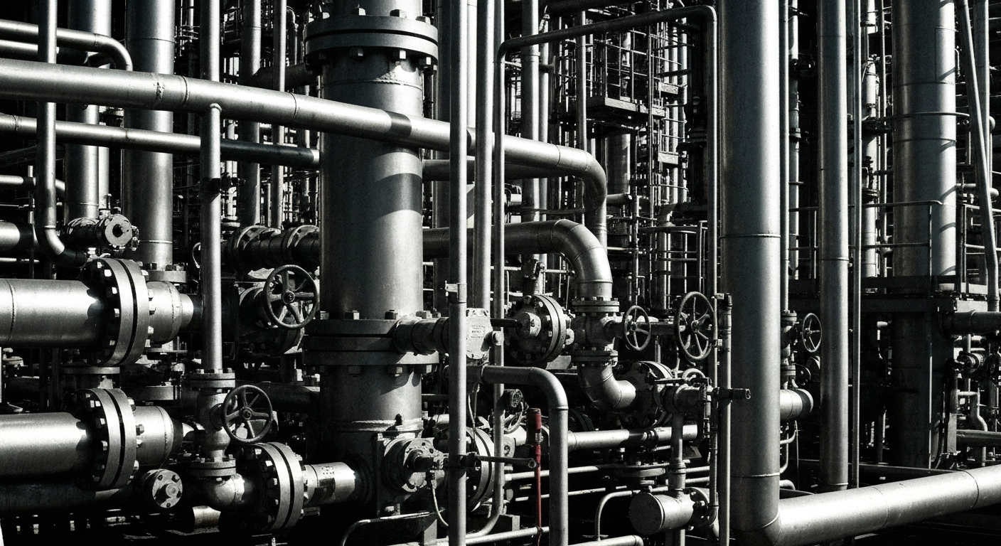An extreme close-up of heavy, industrial machinery and equipment used in oil refining, such as pipes, valves, and control panels, all rendered in a high-contrast, cinematic style that conveys a sense of the scale, complexity, and power of Valero's refining operations.