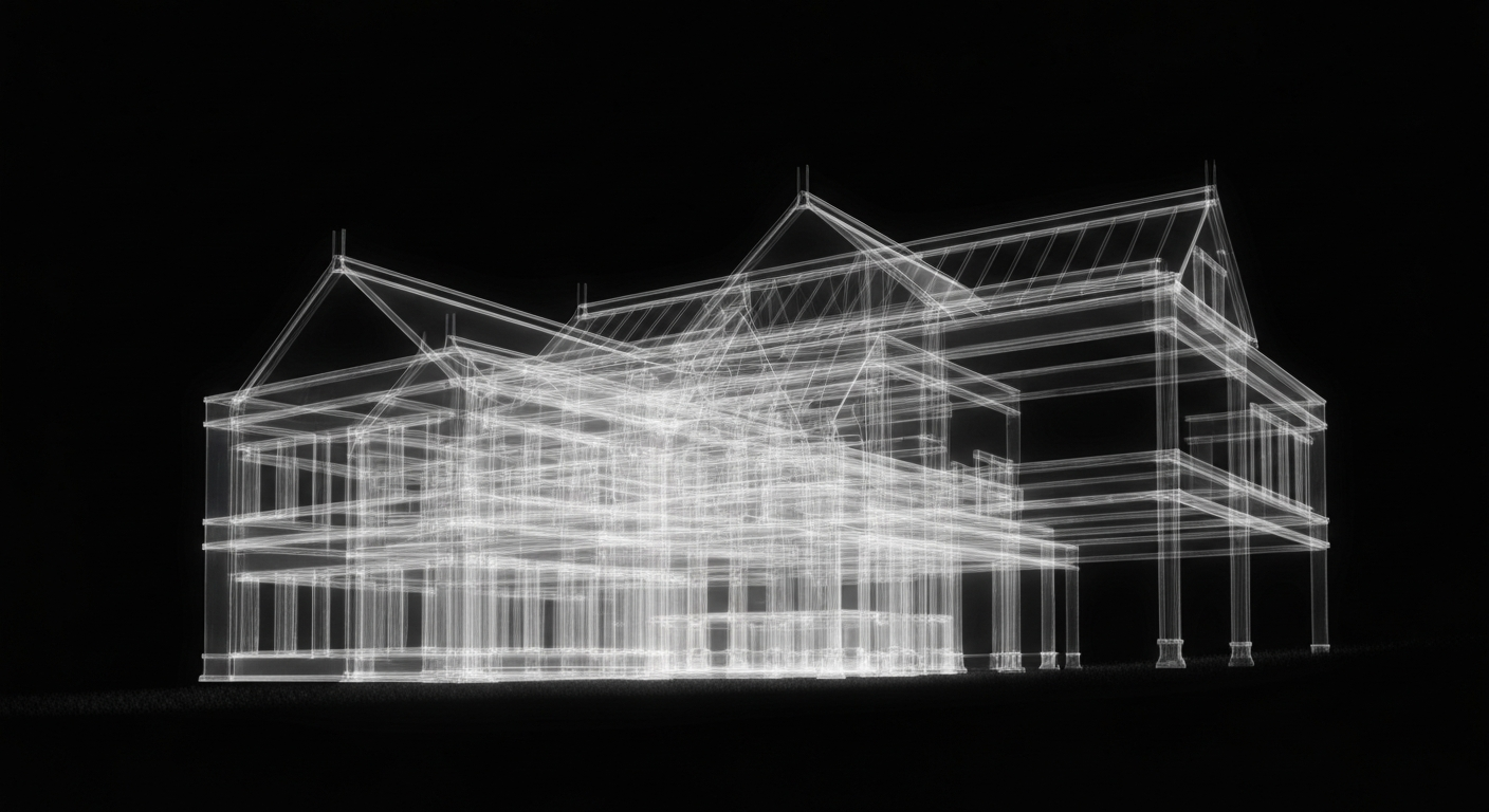 An abstract, translucent X-ray image revealing the internal structure of a rural hospital building as a glowing, ghostly outline against a dark background, conceptually representing the challenges of providing quality healthcare access in remote areas.