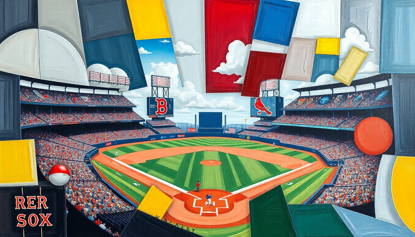 A fragmented, geometric painting depicting a baseball game in progress, with players and field elements broken down into sharp, overlapping shapes and planes of color.