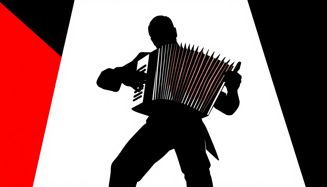An abstract, minimalist illustration in the style of Saul Bass, featuring bold geometric shapes and silhouettes in high-contrast colors to represent the dynamic performance of an accordionist.