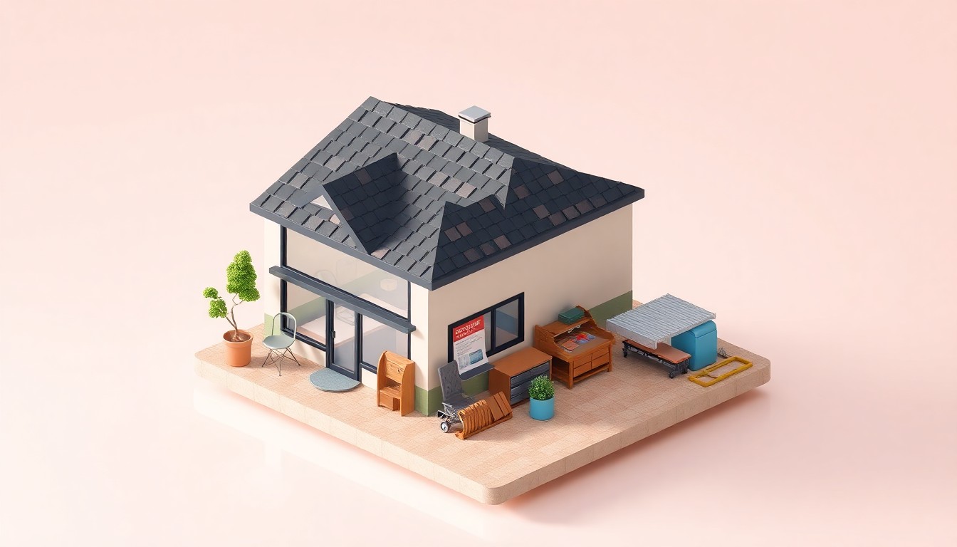 A clean, minimalist 3D illustration depicting a stylized roofing company office and workshop, conveying the professionalism and community-oriented values of Roofing419.