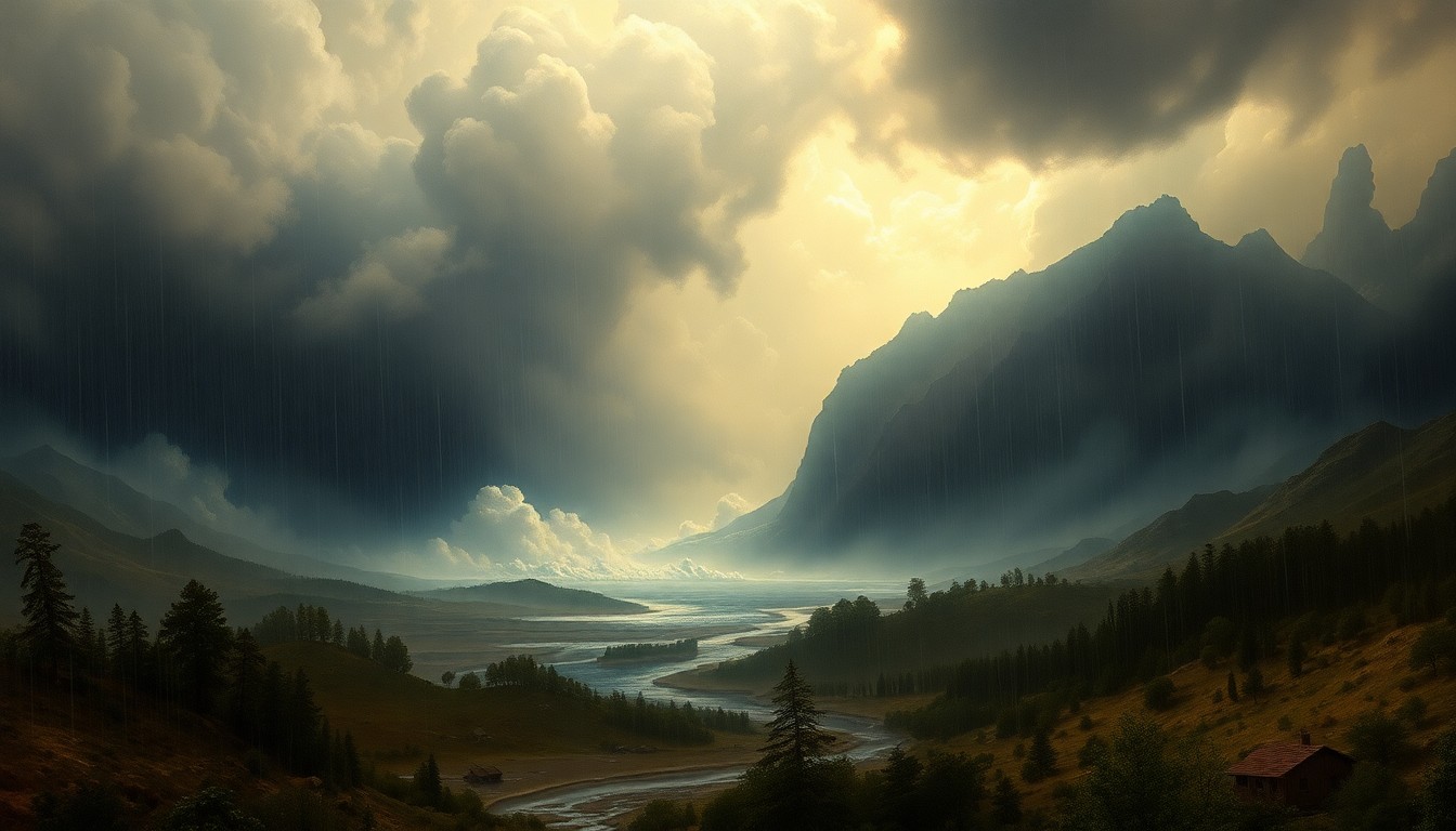 A vast, majestic landscape painting in muted tones of gray, blue, and green, with heavy rain and dark clouds dominating the scene and obscuring any visible structures or objects, conveying the sublime scale and power of the natural forces at play.